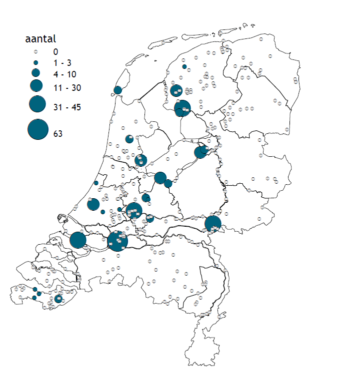 Aantal Koereigers op de getelde zilverreigerslaapplaatsen in Nederland tussen 1 september 2023 en 31 maart 2024. Niet alle slaapplaatsen waren gelijktijdig in gebruik door Koereigers.