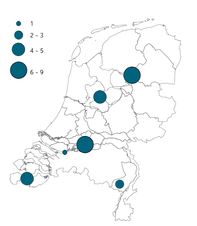 Ligging van broedkolonies van Koereiger in 2024. Het gaat formeel om territoria, veelal gebaseerd op nesten, maar een enkel territorium kan gebaseerd zijn op baltsgedrag of een paar in een kolonie (gedurende vele weken).