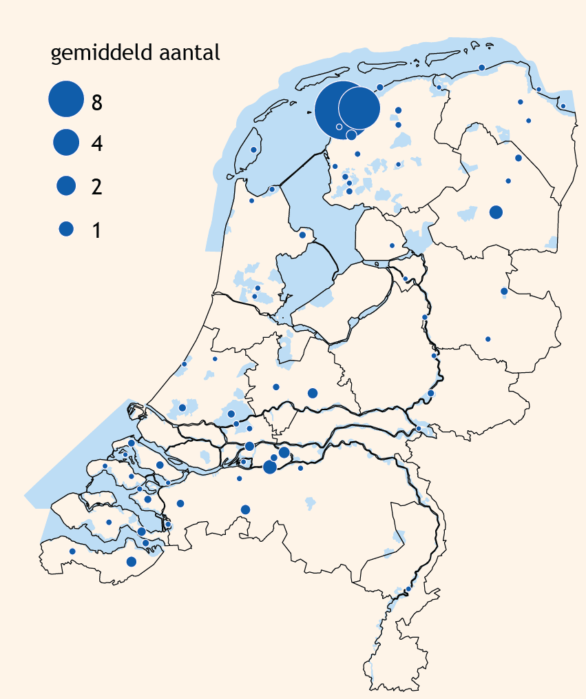 Figuur 1. Verspreiding van sneeuwgans in Nederland op basis van het Watervogelmeetnet (NEM – Sovon, RWS, CBS en provincies). Weergegeven is het seizoensgemiddelde aantal over de periode 2018/19-2022/23.