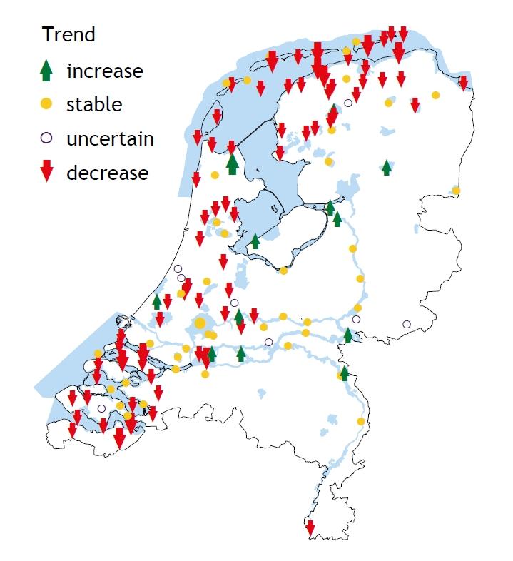 Figuur 2. Trends van overwinterende slechtvalken verspreid over Nederland in de periode van 2017/2018 tot 2022/2023 gebaseerd op het Meetnet Watervogels.