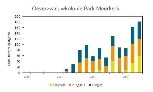 Het aantal bezette nestgaten in de oeverzwaluwwand van Park Meerkerk. In de staven worden het aantal eerste, tweede en derde legsels weergegeven.