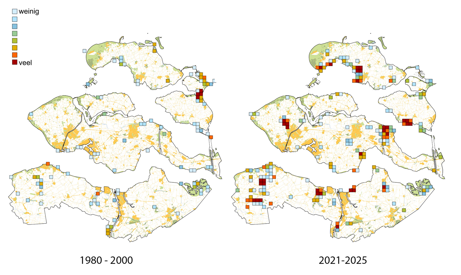 Verdeling van territoria van Steltkluut in Zeeland in periode 1980-2020 en 2021-2025.. Bron: Mario Aspeslagh